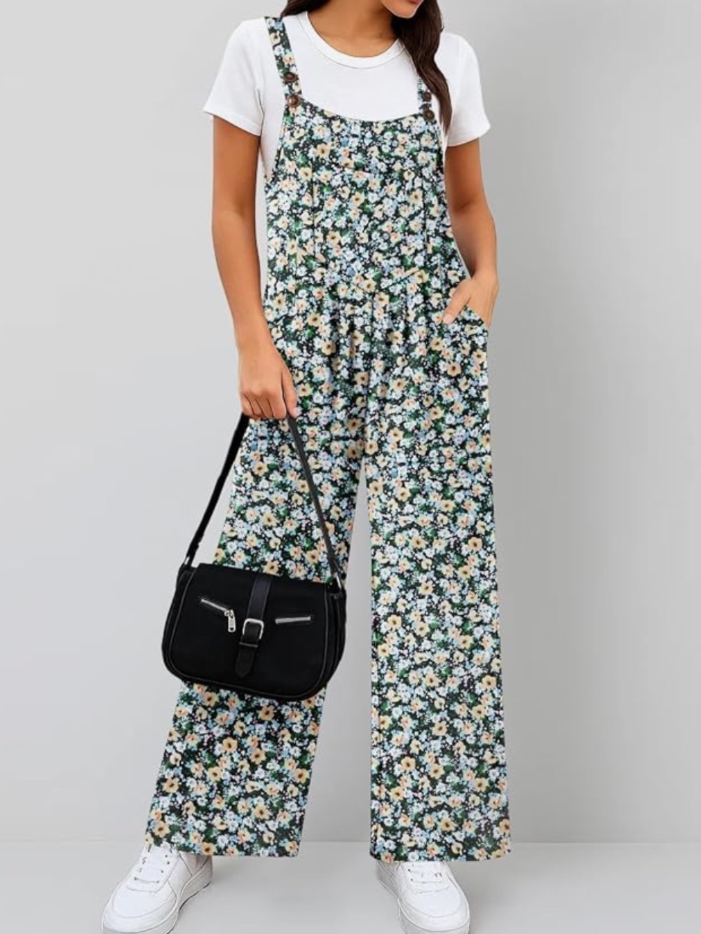 Floral Wide-Leg Overalls in Green